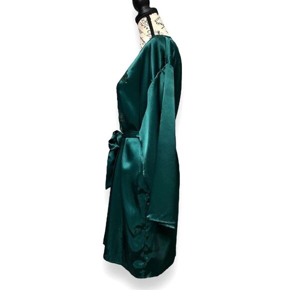 Victoria’s Secret OS Satin Kimono Robe Emerald Green Lace Trim Gold Label VTG - Picture 8 of 14